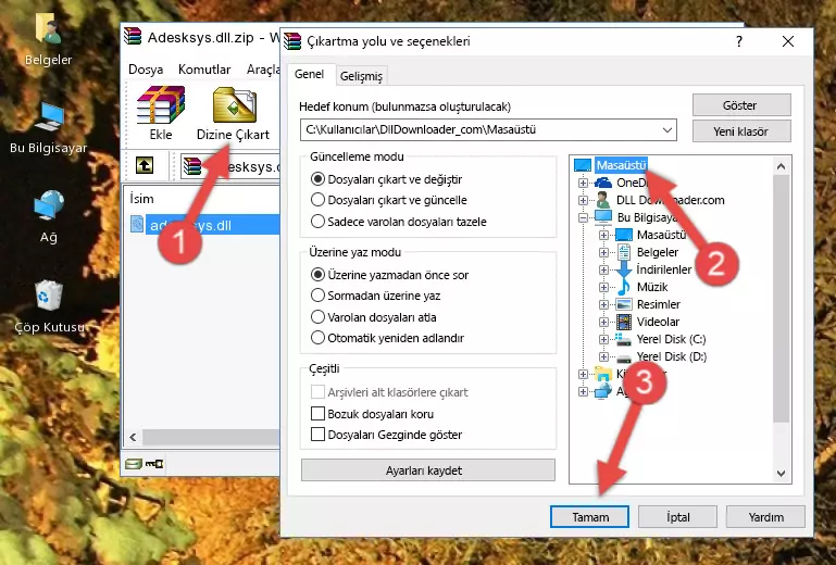 Adesksys.dll kütüphanesini Windows/System32 klasörüne kopyalama