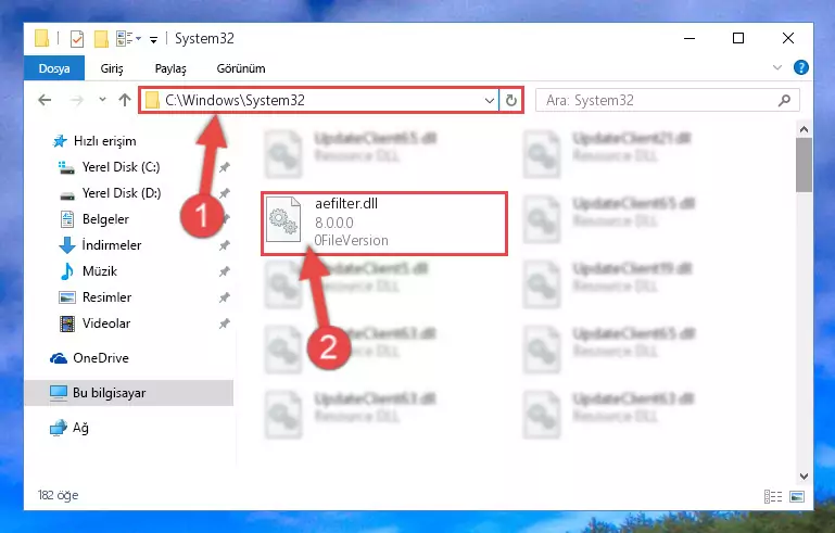 Aefilter.dll kütüphanesini Windows/System32 klasörüne yapıştırma