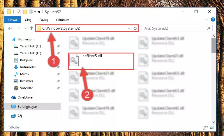 Aefilter5.dll kütüphanesini Windows/System32 klasörüne yapıştırma