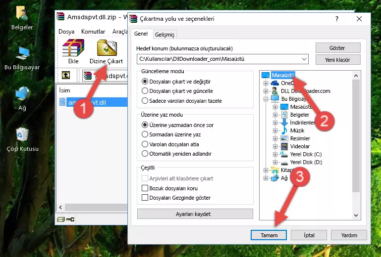 Amsdspvt.dll kütüphanesini Windows/System32 klasörüne yapıştırma