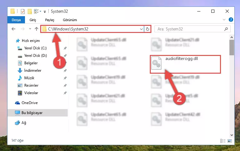 Audiofilterogg.dll kütüphanesini Windows/System32 klasörüne yapıştırma