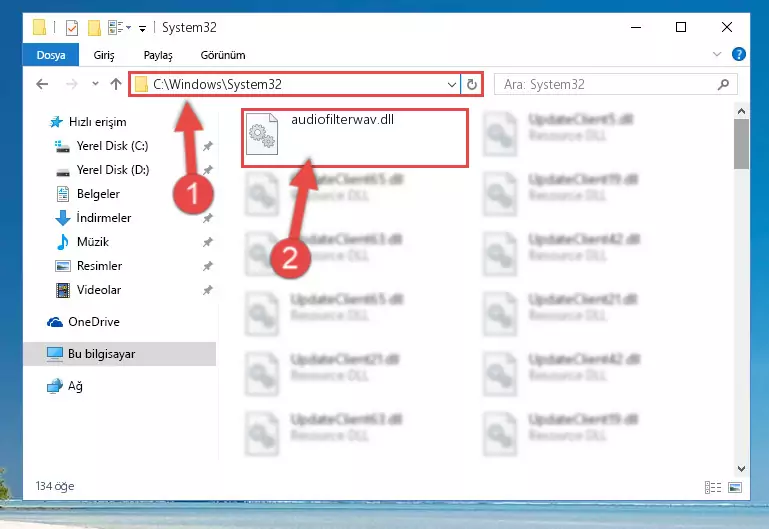 Audiofilterwav.dll kütüphanesini Windows/System32 klasörüne kopyalama
