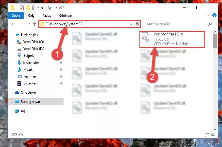 Cdrinfofilter110.dll kütüphanesini Windows/System32 klasörüne yapıştırma