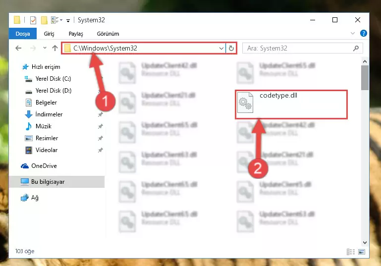 Codetype.dll kütüphanesini Windows/System32 klasörüne kopyalama