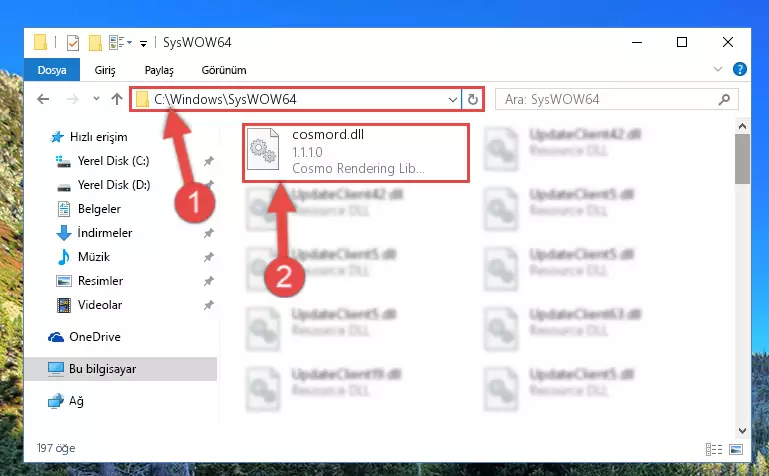 Cosmord.dll dosyasını Windows/sysWOW64 dizinine yapıştırma