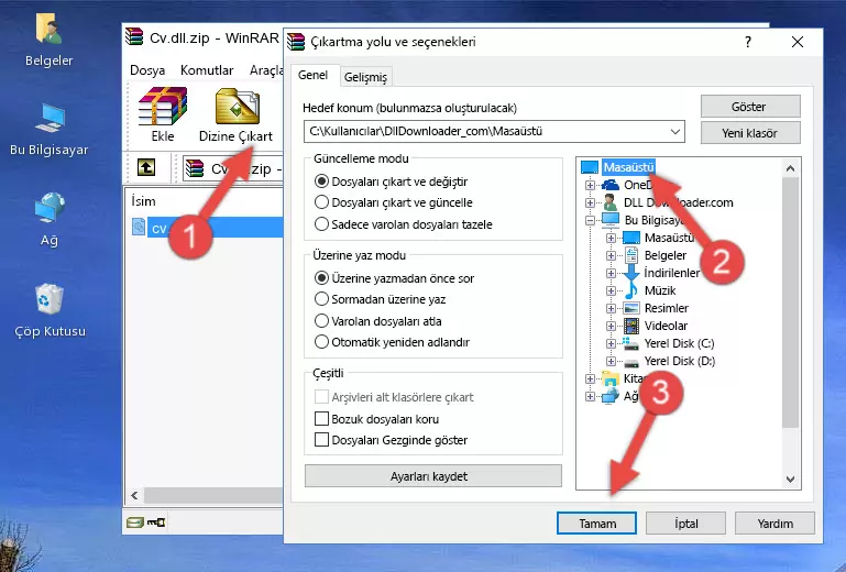 Cv.dll dosyasını Windows/System32 dizinine kopyalama