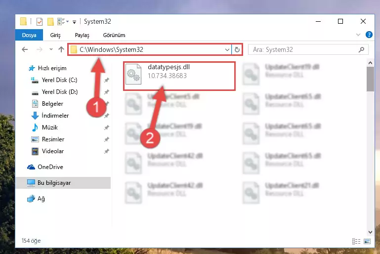 Datatypesjs.dll kütüphanesini Windows/sysWOW64 klasörüne yapıştırma
