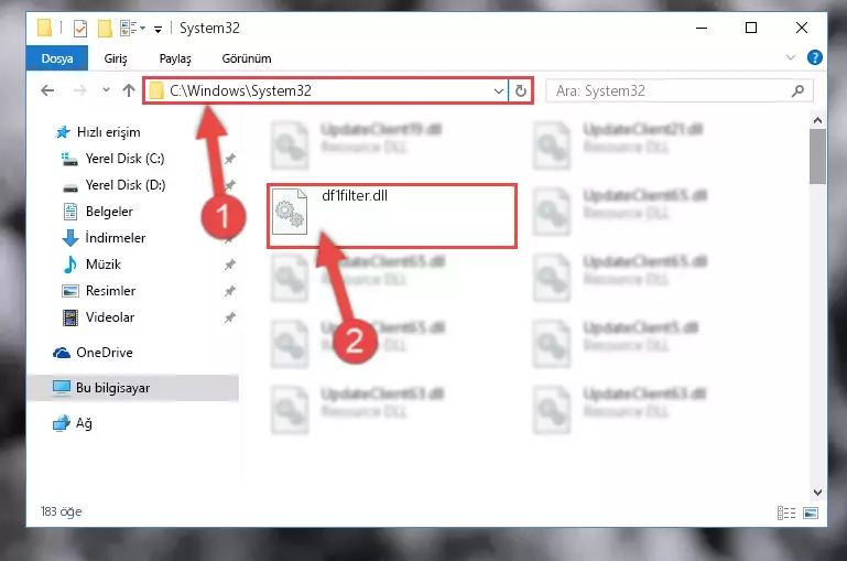 Df1filter.dll kütüphanesini Windows/System32 klasörüne yapıştırma