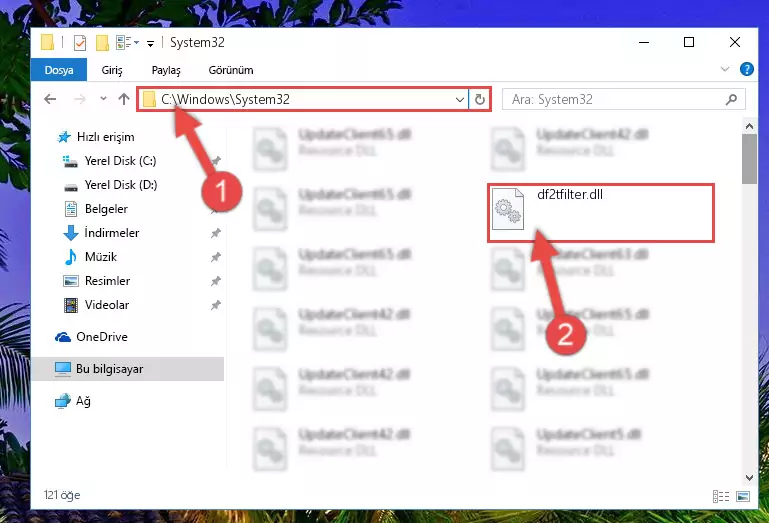 Df2tfilter.dll kütüphanesini Windows/System32 klasörüne kopyalama