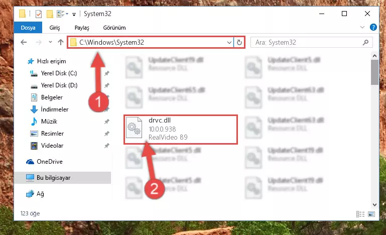Drvc.dll dosyasını Windows/System32 dizinine kopyalama