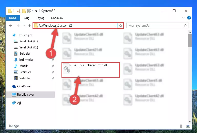 E2_null_driver_mfc.dll kütüphanesini Windows/sysWOW64 klasörüne yapıştırma