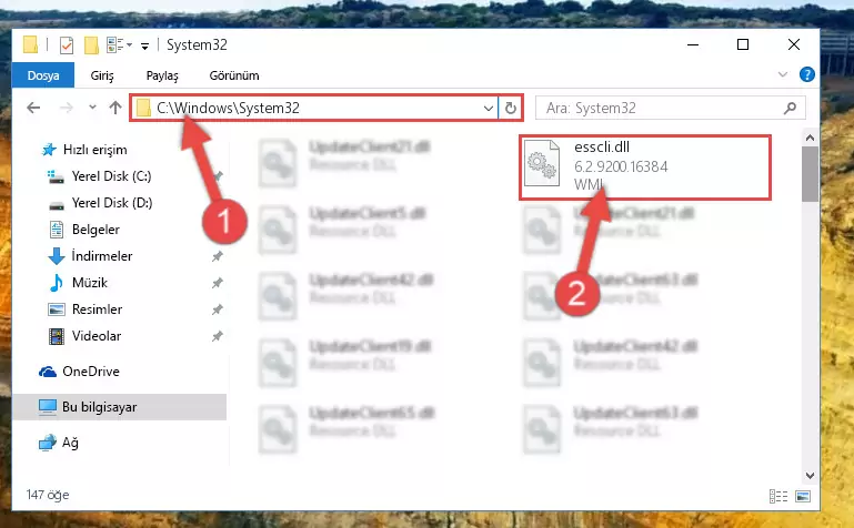 Esscli.dll dosyasını Windows/System32 dizinine kopyalama