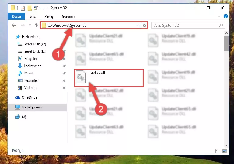 Favlist.dll dosyasını Windows/System32 dizinine kopyalama