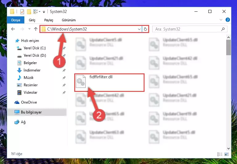 Fidffirfilter.dll kütüphanesini Windows/System32 klasörüne kopyalama