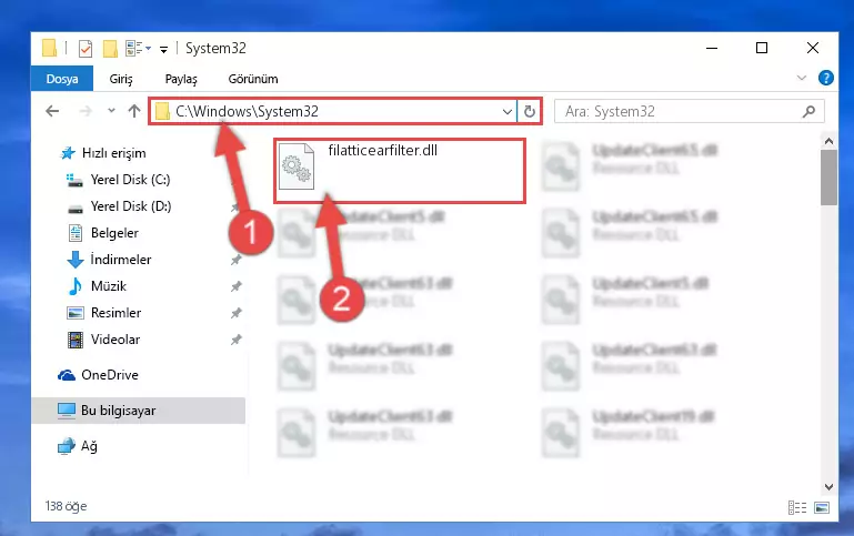 Filatticearfilter.dll kütüphanesini Windows/System32 klasörüne kopyalama