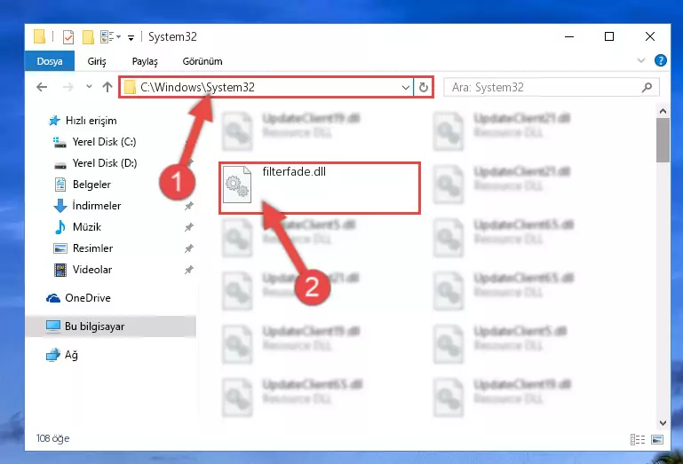Filterfade.dll kütüphanesini Windows/System32 klasörüne kopyalama