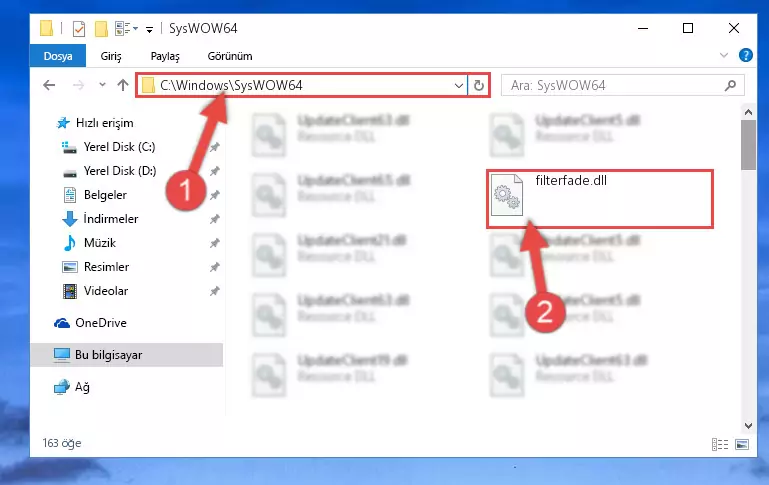 Filterfade.dll kütüphanesini Windows/sysWOW64 klasörüne kopyalama