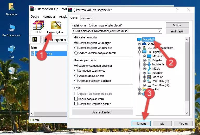 Filterport.dll kütüphanesini Windows/System32 klasörüne kopyalama