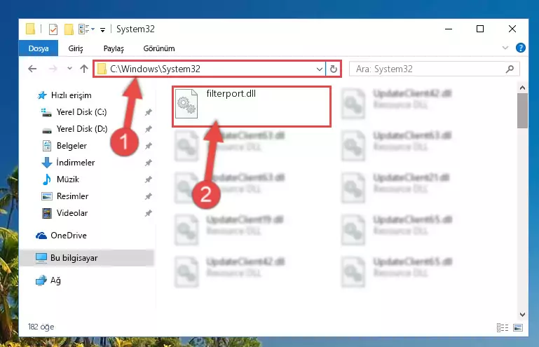 Filterport.dll kütüphanesini Windows/sysWOW64 klasörüne kopyalama