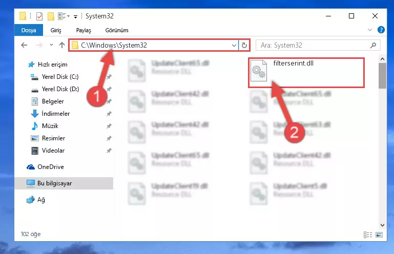 Filterserint.dll kütüphanesini Windows/System32 klasörüne yapıştırma