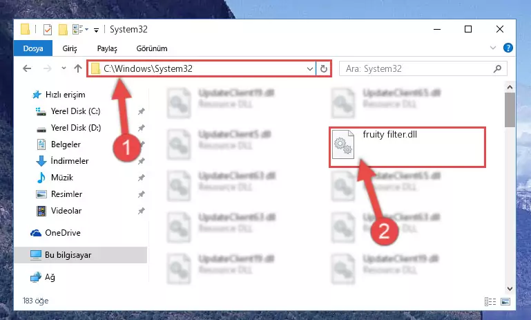 Fruity filter.dll kütüphanesini Windows/System32 klasörüne kopyalama