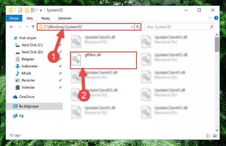 Gffilter.dll kütüphanesini Windows/sysWOW64 klasörüne yapıştırma