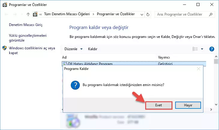 Programın kaldırılmasını onaylama