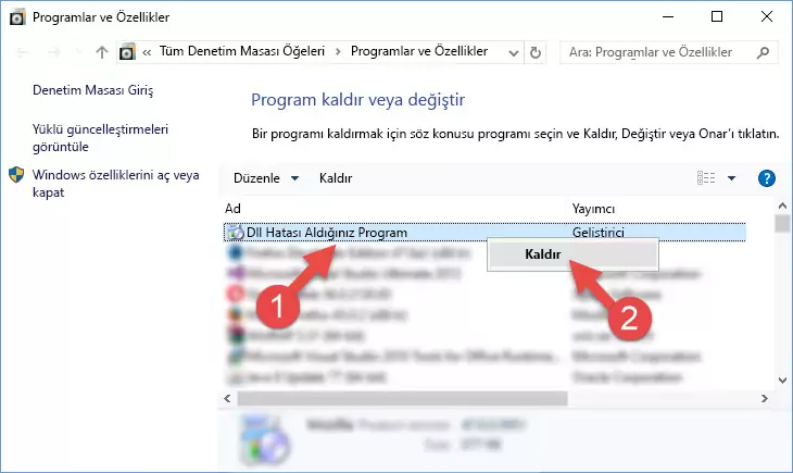 Hata veren programı kaldırma işlemini başlatma