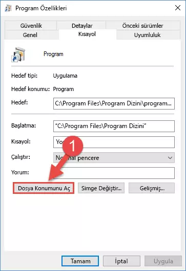 Programın kurulum dizinini açma