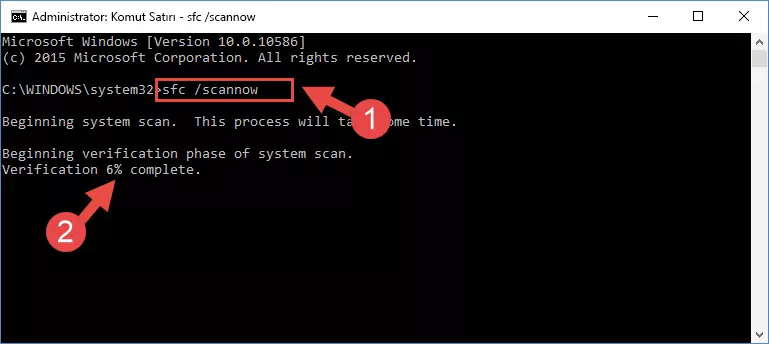 sfc /scannow kodu çalıştırarak Windows Dll hatalarını giderme