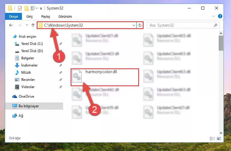 Harmonycolor.dll kütüphanesini Windows/System32 klasörüne kopyalama