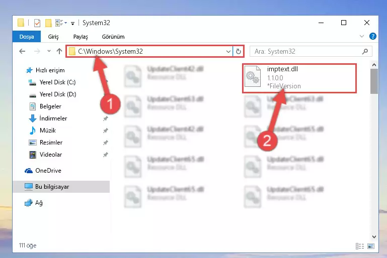 Imptext.dll dosyasını Windows/System32 dizinine kopyalama