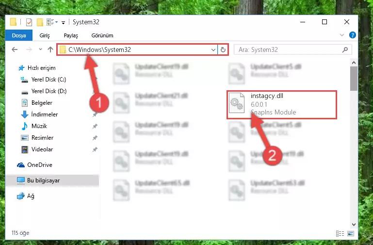 Instagcy.dll kütüphanesini Windows/sysWOW64 klasörüne yapıştırma