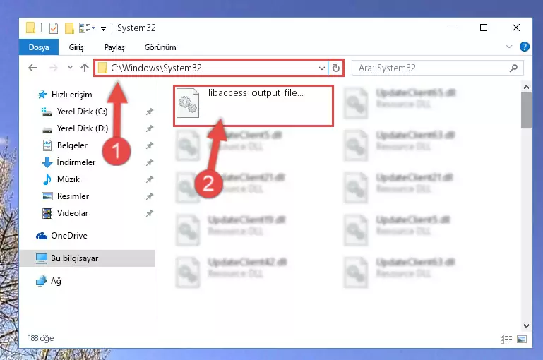 Libaccess_output_file_plugin.dll kütüphanesini Windows/System32 klasörüne yapıştırma