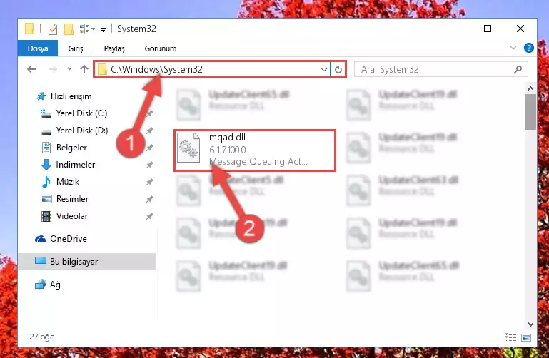 Mqad.dll dosyasını Windows/System32 dizinine kopyalama