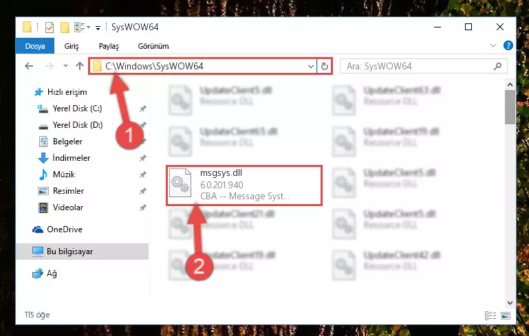 Msgsys.dll dosyasını Windows/sysWOW64 dizinine kopyalama