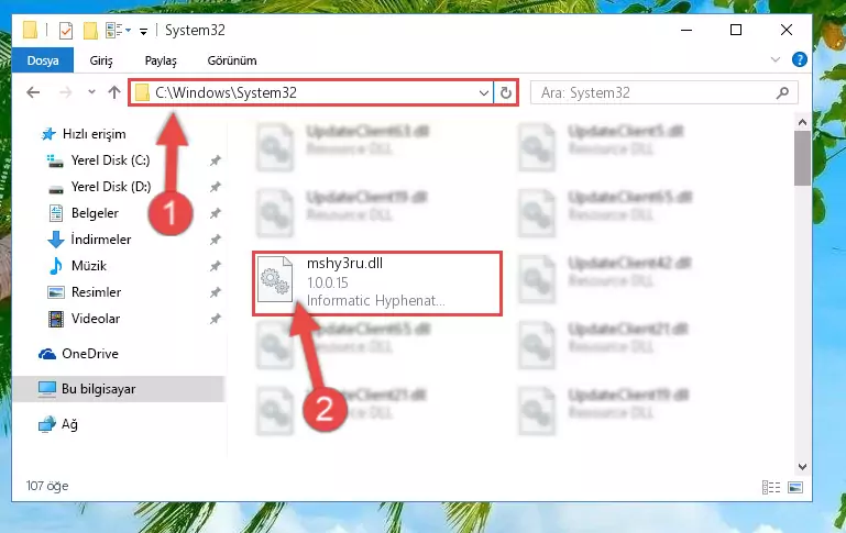 Mshy3ru.dll kütüphanesini Windows/System32 klasörüne kopyalama