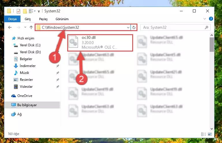 Oc30.dll dosyasını Windows/System32 dizinine kopyalama