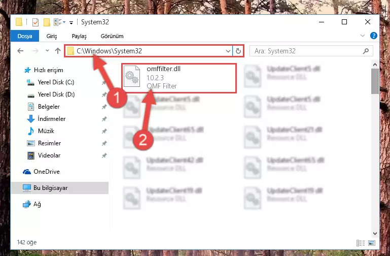 Omffilter.dll kütüphanesini Windows/System32 klasörüne kopyalama