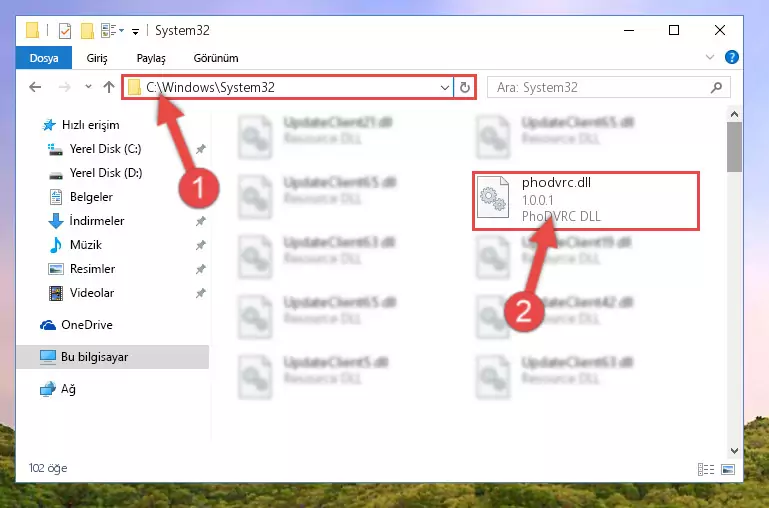 Phodvrc.dll dosyasını Windows/System32 dizinine kopyalama