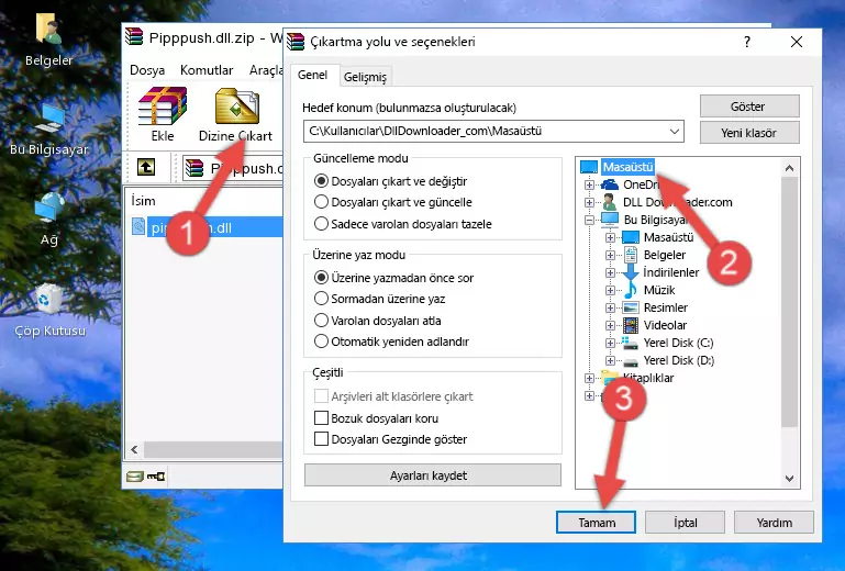 Pipppush.dll kütüphanesini Windows/System32 klasörüne kopyalama