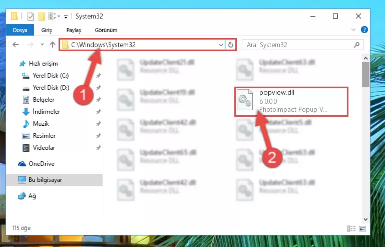 Popview.dll dosyasını Windows/System32 dizinine kopyalama