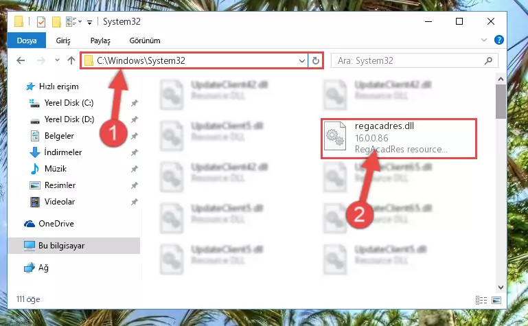 Regacadres.dll dosyasını Windows/System32 dizinine kopyalama