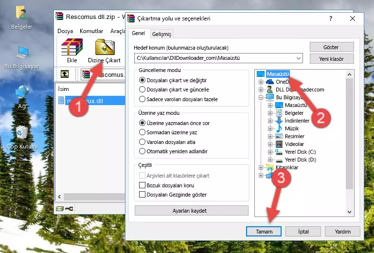 Rescomus.dll kütüphanesini Windows/System32 klasörüne kopyalama