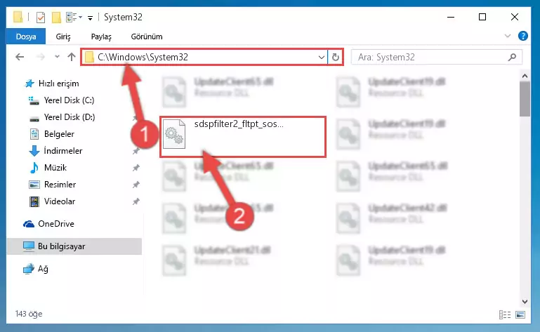 Sdspfilter2_fltpt_sos_df1t.dll kütüphanesini Windows/System32 klasörüne kopyalama