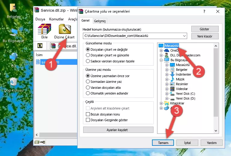 Service.dll kütüphanesini Windows/System32 klasörüne kopyalama