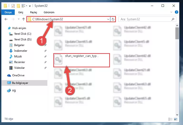 Sfun_register_can_types.dll dosyasını Windows/sysWOW64 dizinine yapıştırma