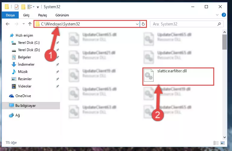 Slatticearfilter.dll kütüphanesini Windows/System32 klasörüne kopyalama