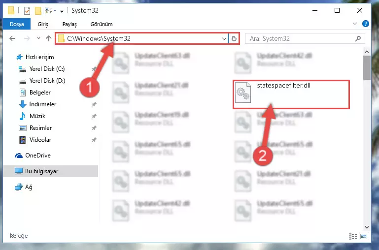 Statespacefilter.dll kütüphanesini Windows/sysWOW64 klasörüne yapıştırma