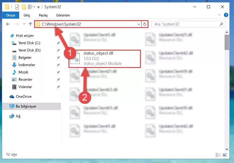 Status_object.dll dosyasını Windows/System32 dizinine kopyalama